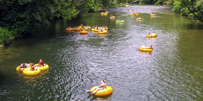 People In Tubes Floating On River